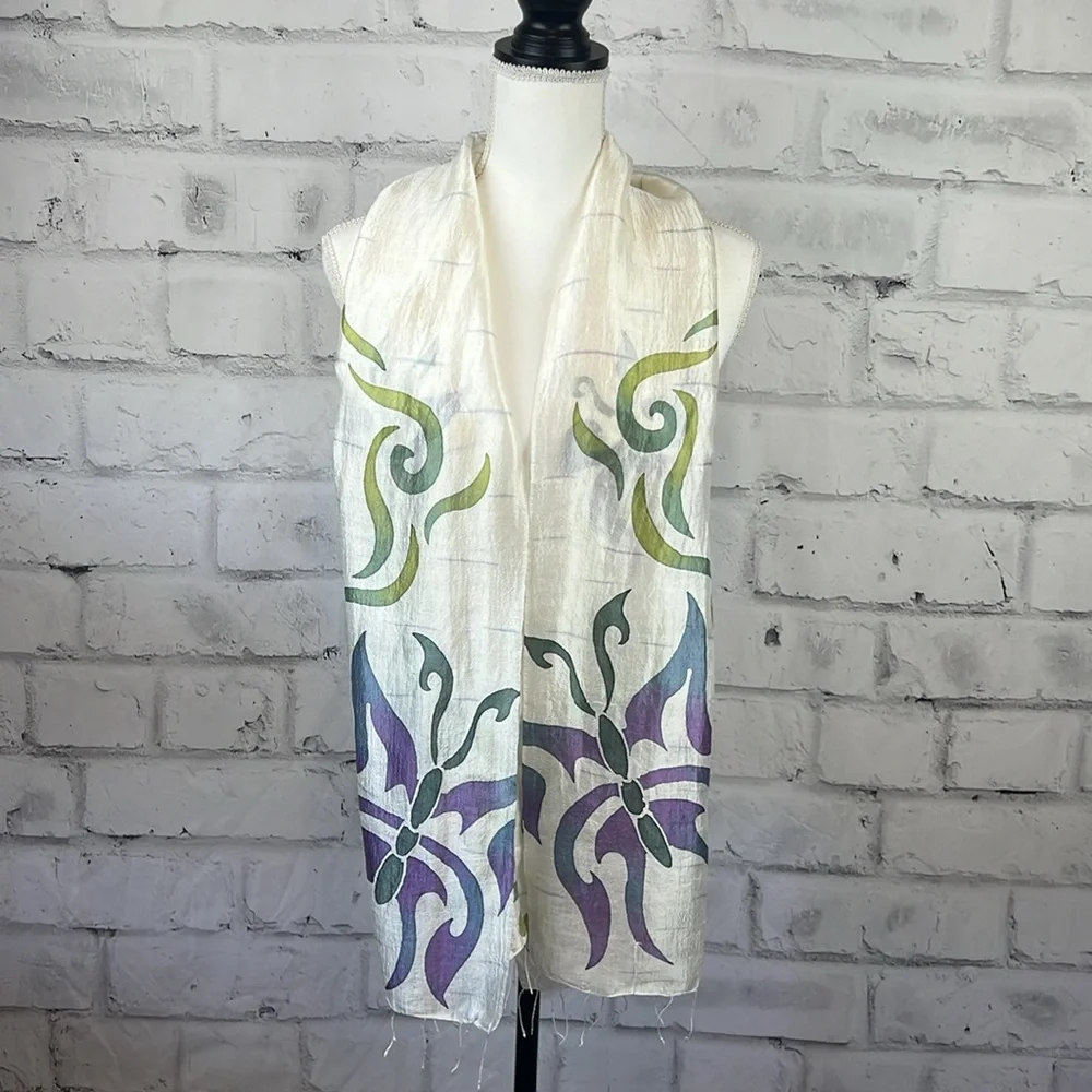 Silk Scarf Unbranded Butterfly Pattern Purple White Green